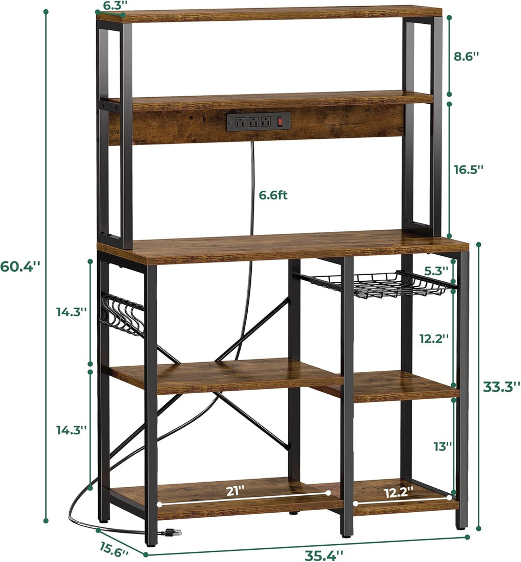 SUPERJARE Bakers Rack with Power Outlet, 35.4 Inches Coffee Bar with Wire Basket, Kitchen Microwave Stand with 6 S-Shaped Hooks, Open Storage Shelves, Rustic Brown