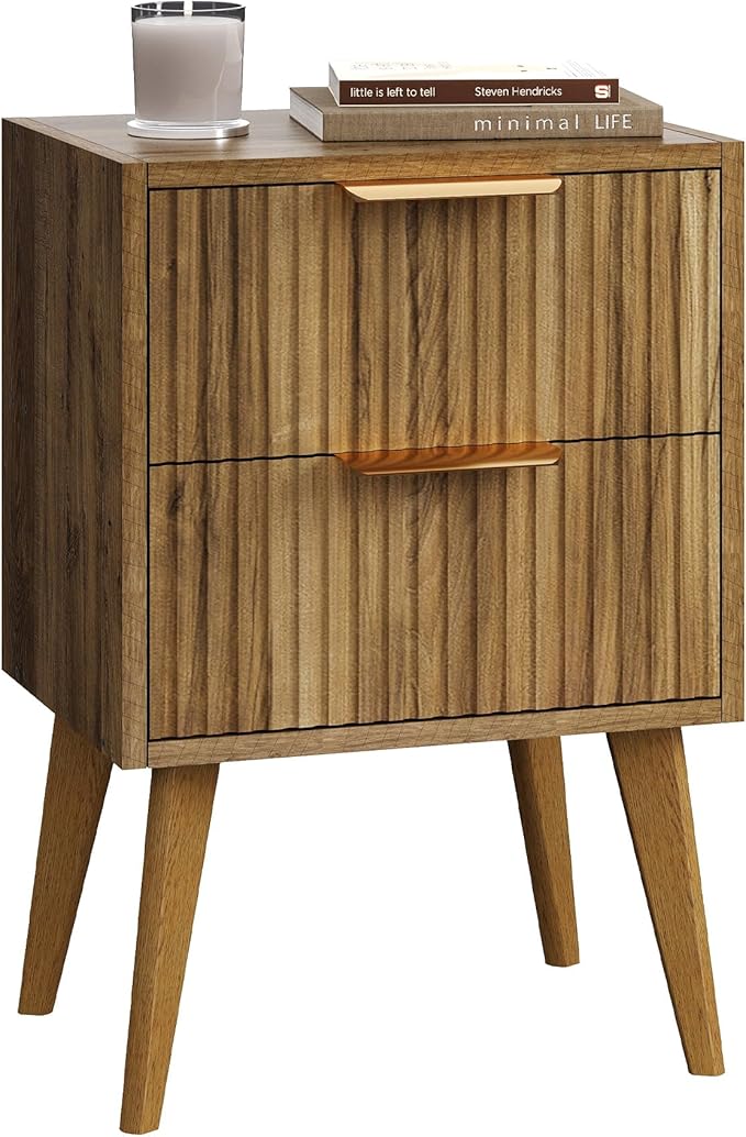 Fluted Nightstand with 2 Drawers,Modern Bedside Table with Metal Handles,White Side Table with Solid Wood Legs,Mid Century End Table for Living Room,Bedroom,Caramel Oak CTG55BR