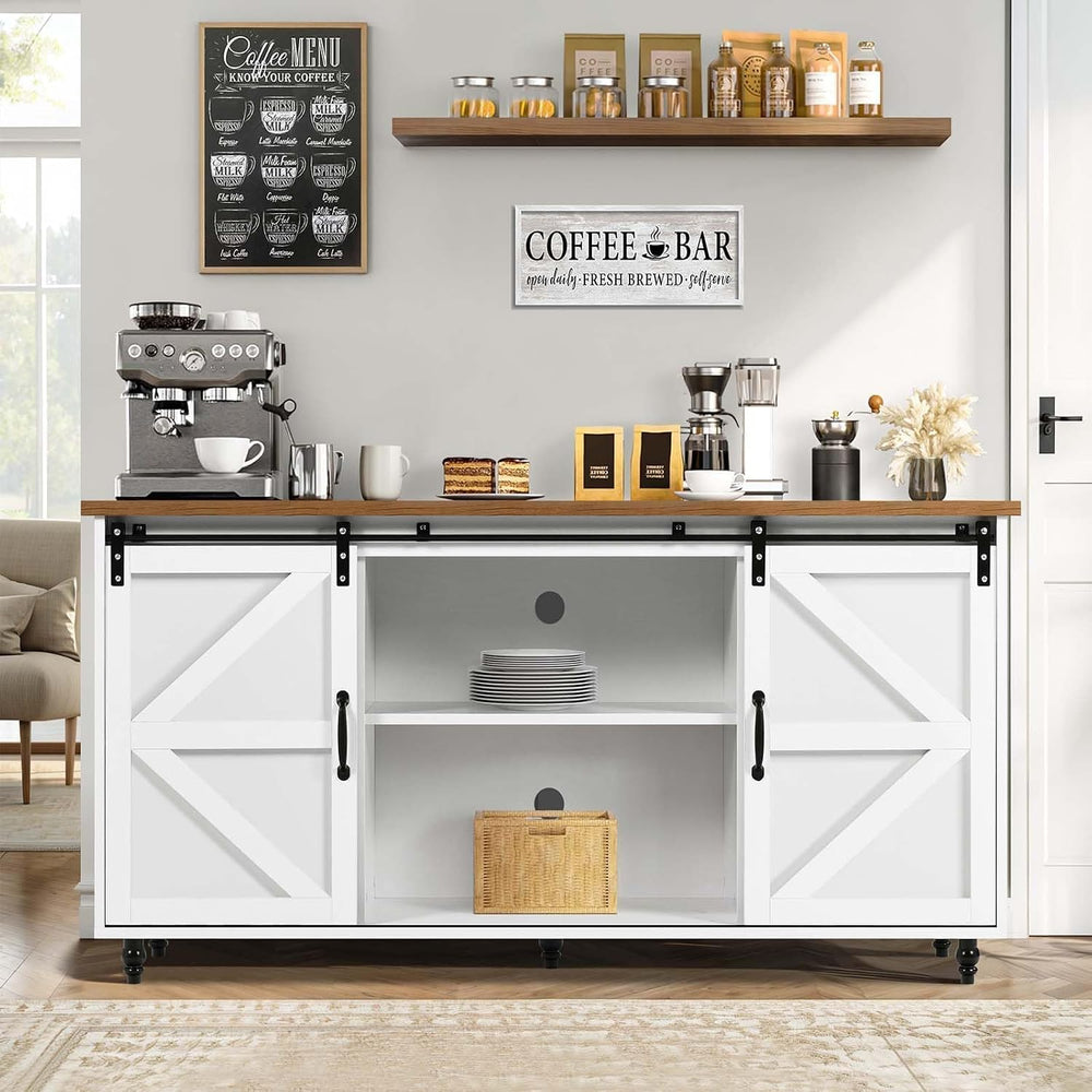 4ever2buy Farmhouse Coffee Bar Cabinet with Sliding Barn Door, 58", White