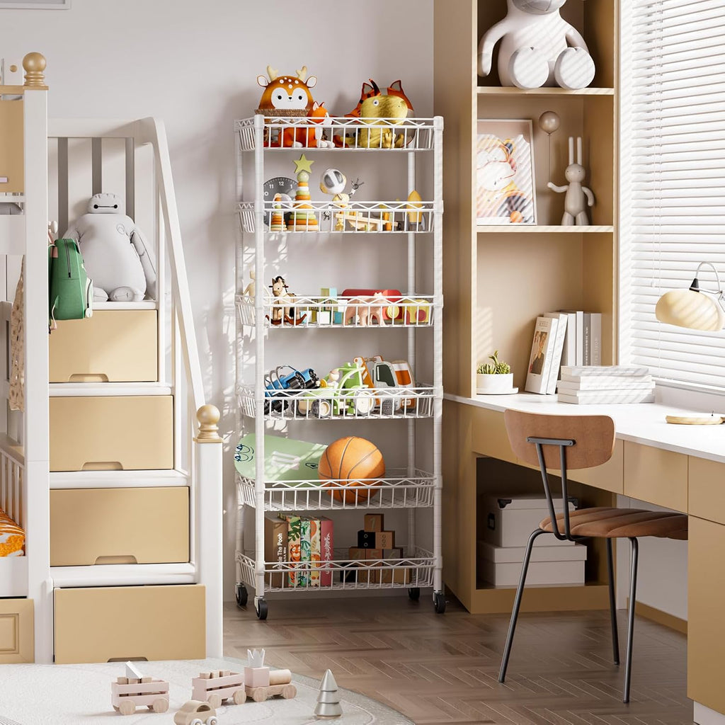 SINGAYE 6 Tier Basket Shelf Wire Shelving Unit Adjustable Storage Shelves Big Basket Rack for Garage Kitchen Office Pantry Corner 17" Dx12 Wx63 H White