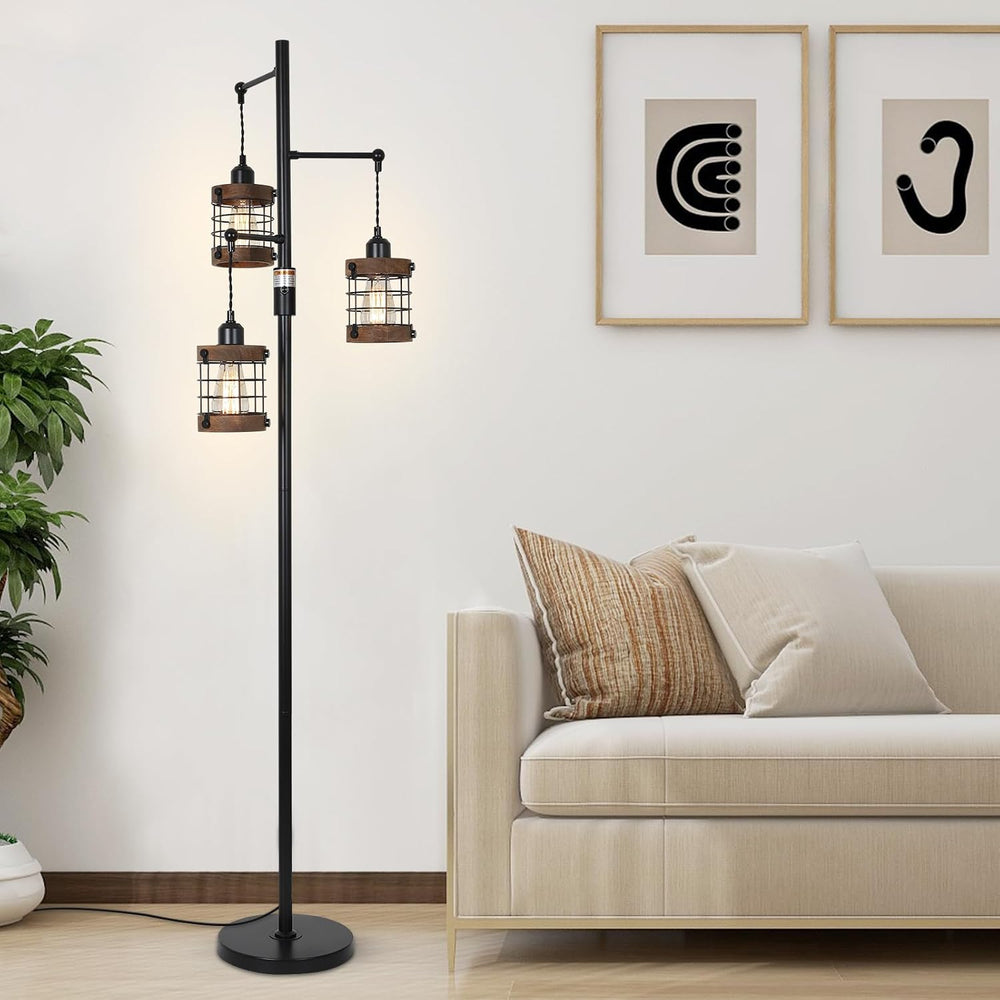 Dimmable Floor Lamps for Living Room, 3-Light Industrial Floor Lamp with Wood...