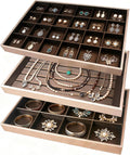 Rocutus Jewelry Trays,3 Pack Stackable Velvet Jewelry Organizer Tray Drawer Jewelry Storage Tray,Divided Ring Organizer Tray for Earrings, Necklaces, Bracelets,13.8"x9.5"x1.2" (Champagne Gold)