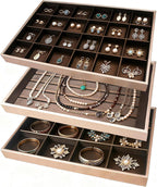 Rocutus Jewelry Trays,3 Pack Stackable Velvet Jewelry Organizer Tray Drawer Jewelry Storage Tray,Divided Ring Organizer Tray for Earrings, Necklaces, Bracelets,13.8"x9.5"x1.2" (Champagne Gold)