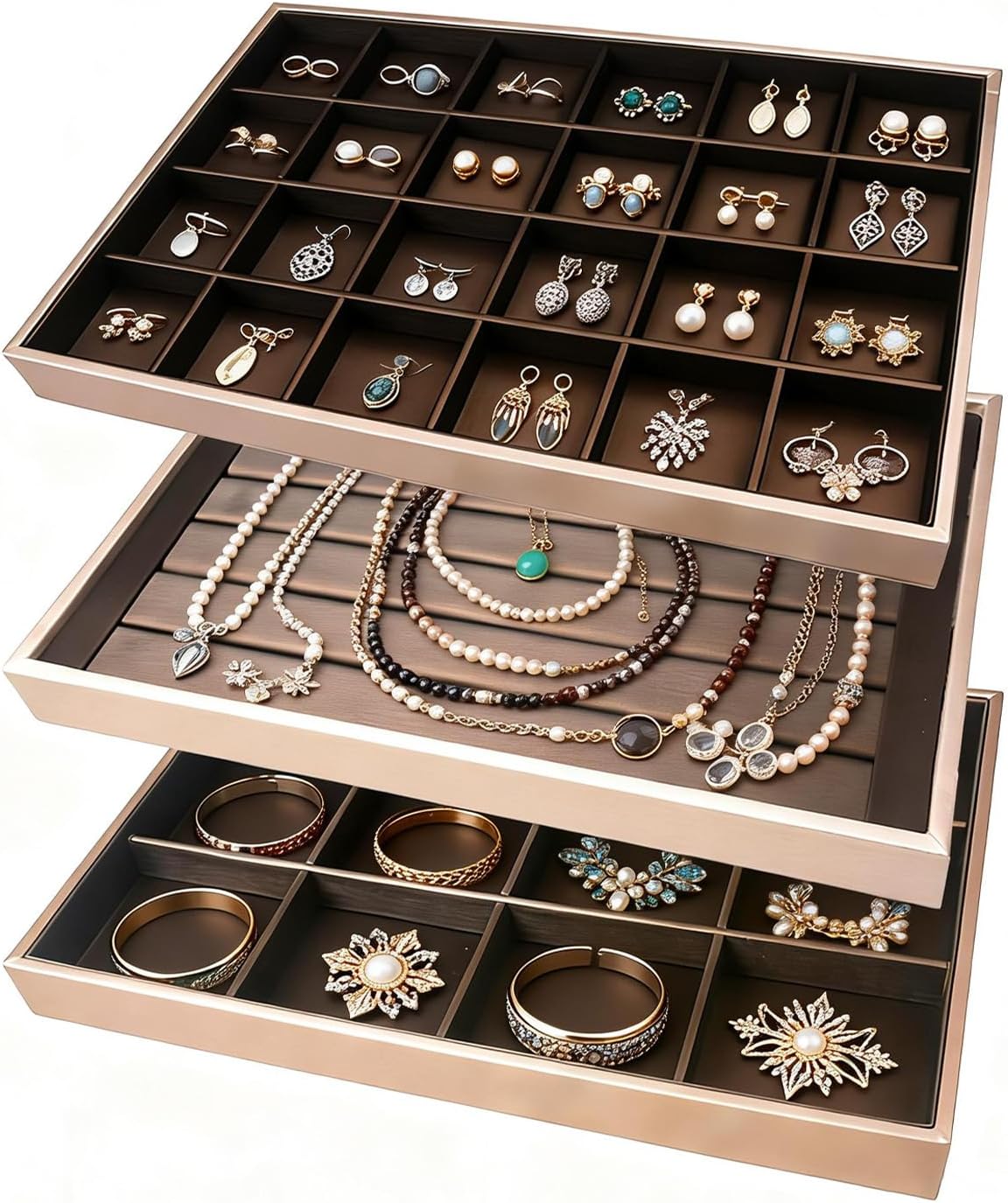 Rocutus Jewelry Trays,3 Pack Stackable Velvet Jewelry Organizer Tray Drawer Jewelry Storage Tray,Divided Ring Organizer Tray for Earrings, Necklaces, Bracelets,13.8"x9.5"x1.2" (Champagne Gold)