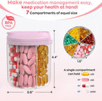 Pill Dispenser with 7 Large Compartments, Pill Bottle Organizer for Travel, Supplement Organizer with Anti-Mixing Design, BPA-Free Pill Container with 20 Pcs Labels, Pink + Black