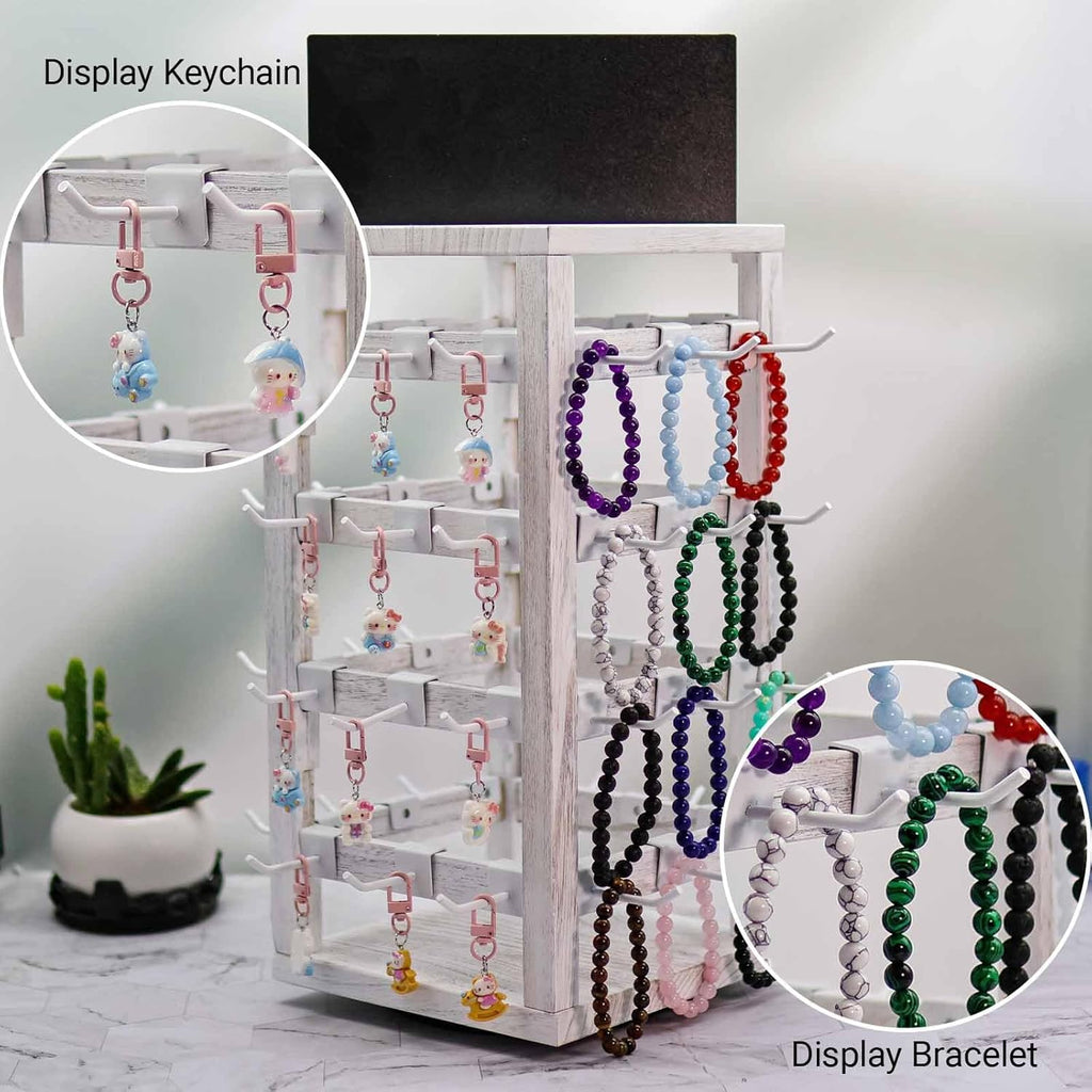 Wooden rotating Jewelry Display Stand with Removable 48 Hooks advertising board, For Earring Cards necklace bracelet Keychain Jewelry Organizer For Selling For vendor events (White)