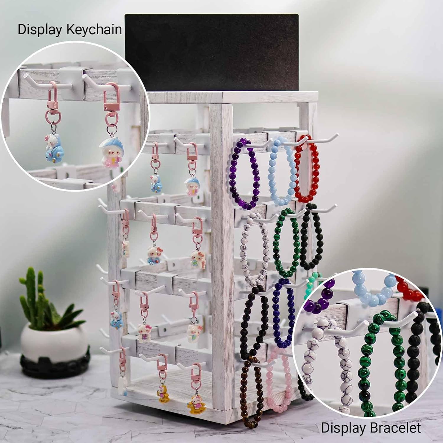 Wooden rotating Jewelry Display Stand with Removable 48 Hooks advertising board, For Earring Cards necklace bracelet Keychain Jewelry Organizer For Selling For vendor events (White)