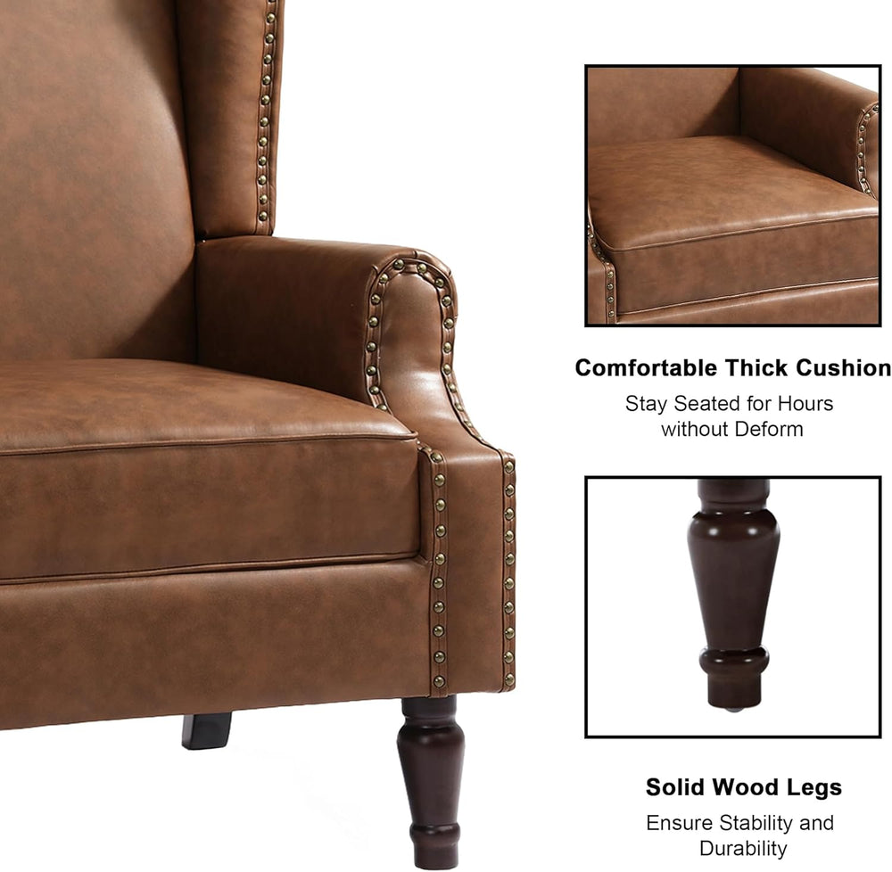 PU Leather High Back Accent Chair, Upholstered Armchair with Solid Wood Legs,...