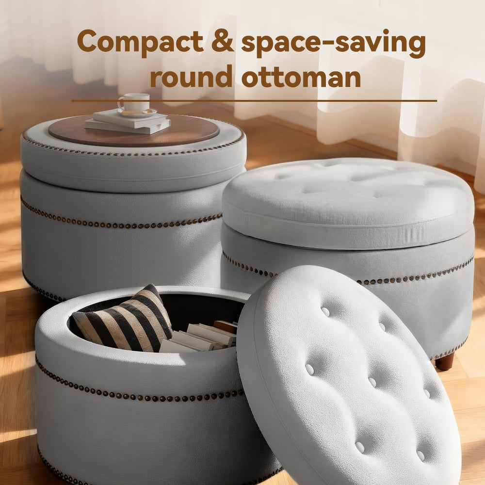 24'' Dual-Surface Lid Round Ottoman – Accent Ottoman with Storage Com...