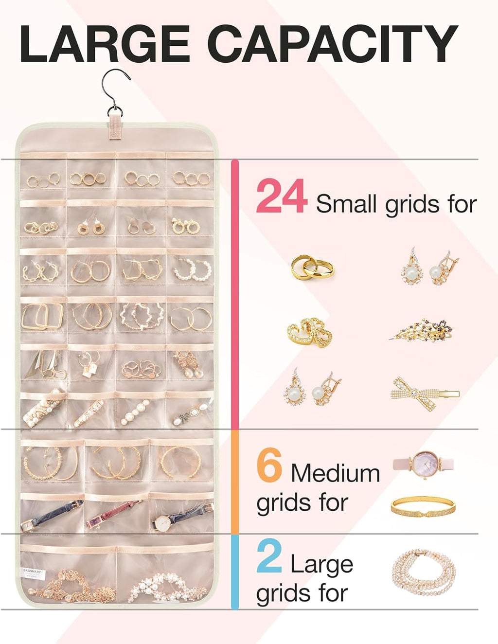 BAGSMART Hanging Jewelry Organizer Storage Roll with Hanger Metal Hooks Double-Sided Jewelry Holder for Earrings, Necklaces, Rings on Closet, Wall, Door, 1 piece, Large, Beige