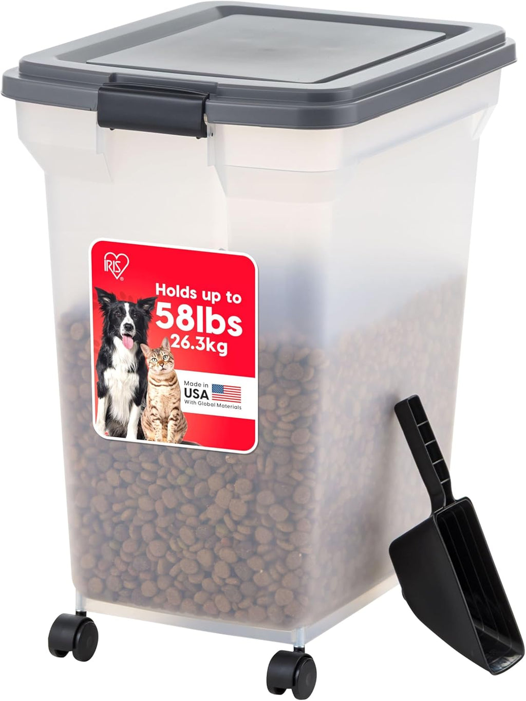 IRIS USA Dog Food Storage Container 40 lbs, Attachable Wheels, & Included Scoop, for Dog Cat Birds and other Pets, Food Storage Bin, Keep Fresh, Easy Mobility, BPA Free - Made in the USA, Dark Gray