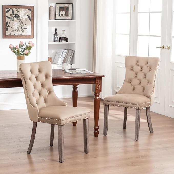 Velvet Dining Chairs Set of 2,Upholstered Dining Chairs with Ring Pull Trim and Button Back,Modern Seating for Kitchen, Bedroom & Living Room(Khaki)