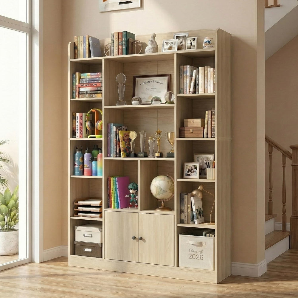 DIYART 63" Tall Oak Bookshelf with 14 Cubbies & 2 Cabinets, 5-Tier L...