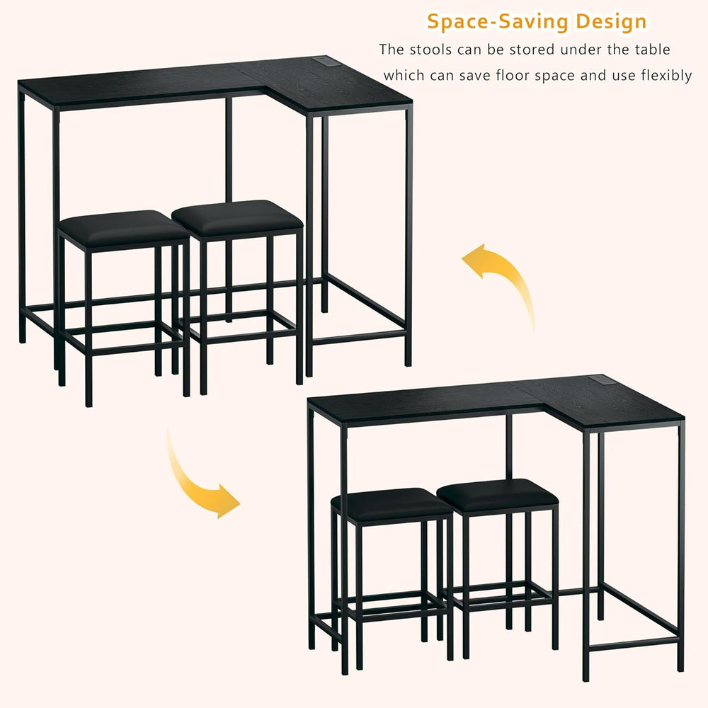 HUAHUU Bar Table and Chairs Set for 2-4, 63'' Convertible L-Shaped Ki...