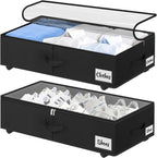 Under Bed Storage with Wheels, 2-Pack 6.7" Height XL 50L Rolling Storage Bins, Quick Assembly Underbed Shoe Storage Containers with Clear Lid & Label, Dorm Under bed Drawers for Clothes, Shoes, Black