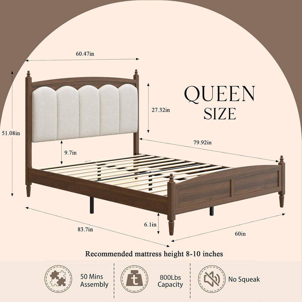 Queen Bed Frame Upholstered Headboard Farmhouse Platform No Box Spring