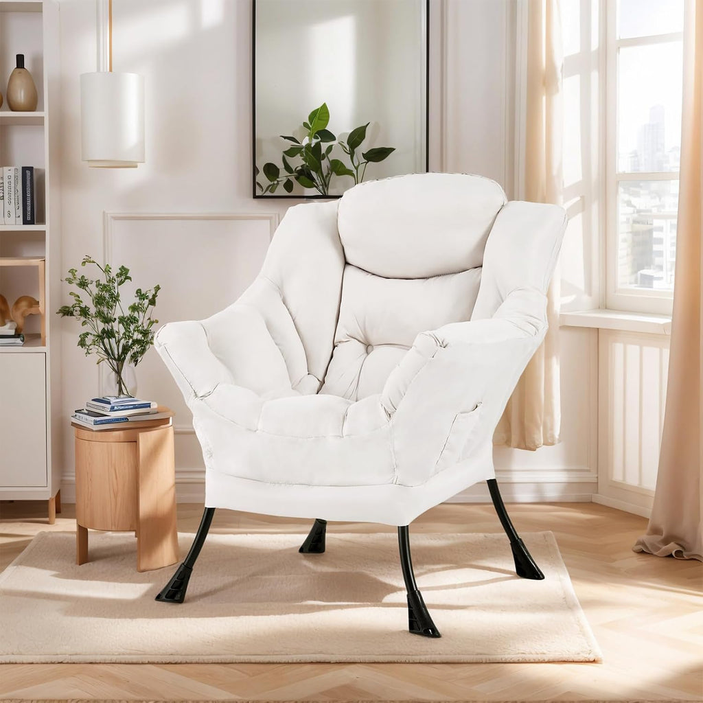 Furlide Lazy Chair with Ottoman, Soft Comfy Chair for Bedroom, Beige | Accent Lounge Chair with folding Foot Stool, Removable Washable Cover and Side Pocket for Reading, Relaxing in Living Room