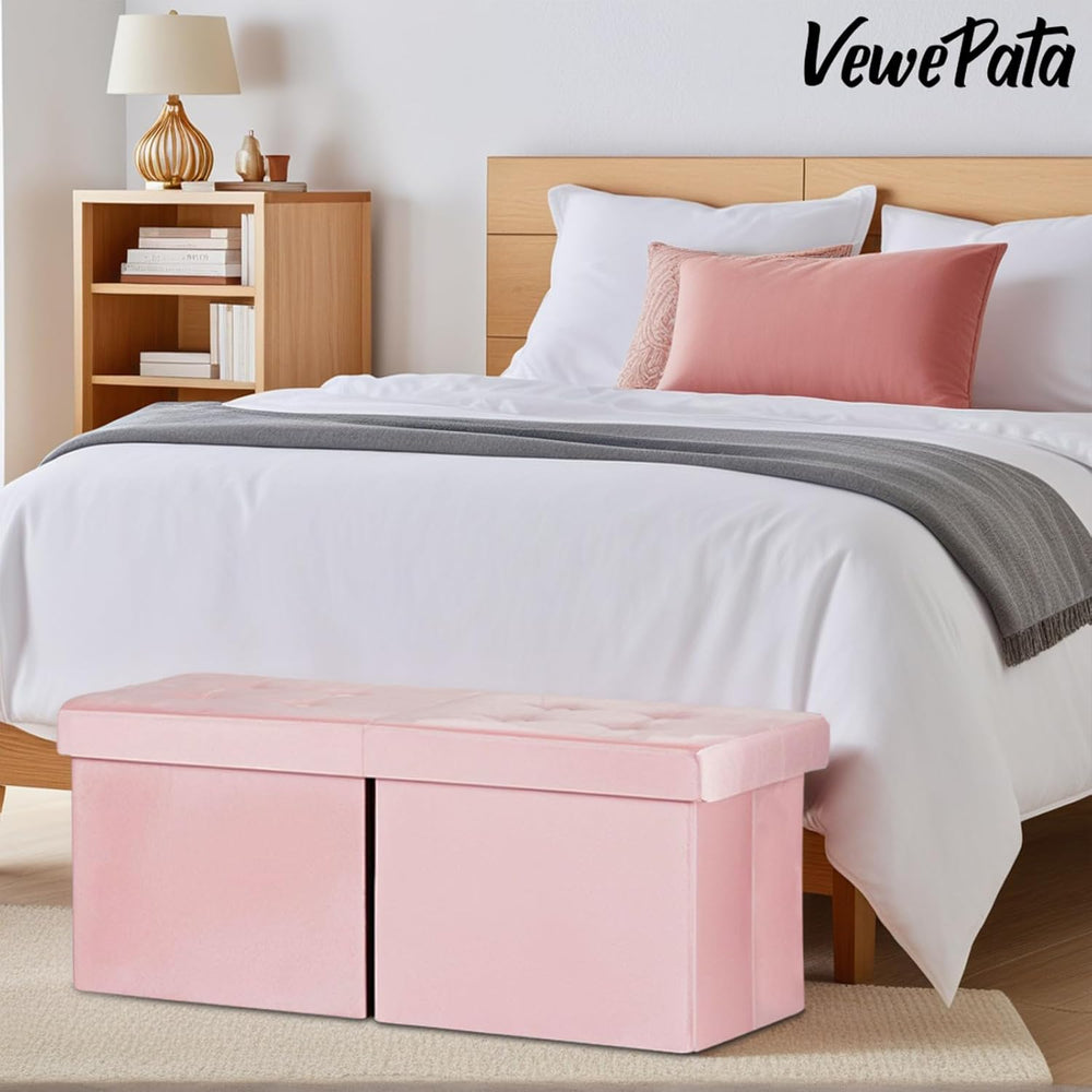 Storage Ottoman Bench, 34" Teddy Velvet Folding Foot Rest, Pink | Large ...