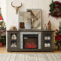 TV Stand with Electric Fireplace & Storage Cabinet, Entertainment Center with 2 Glass Door, Faux Stone Media Console Table for Living Room (Grey,58" with Fireplace)