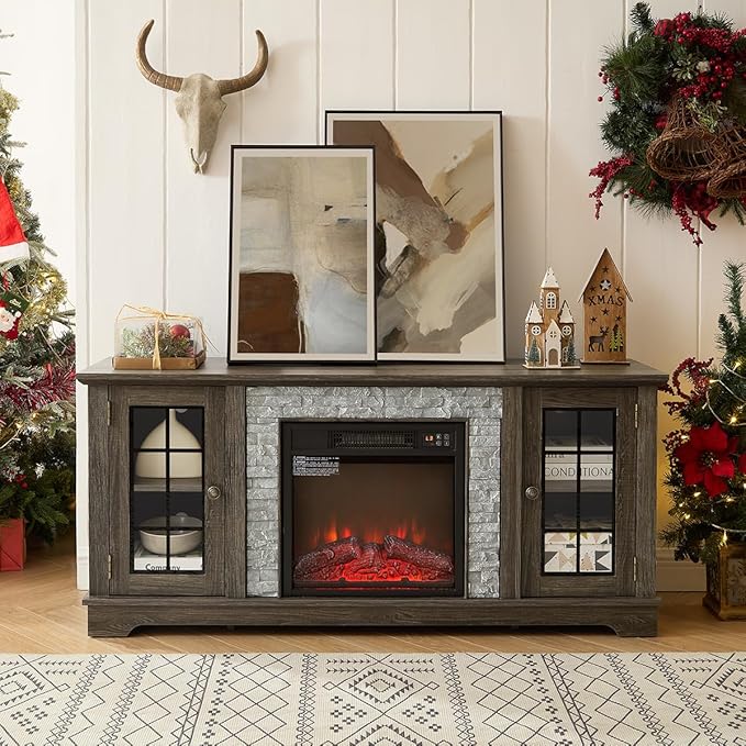 TV Stand with Electric Fireplace & Storage Cabinet, Entertainment Center with 2 Glass Door, Faux Stone Media Console Table for Living Room (Grey,58" with Fireplace)