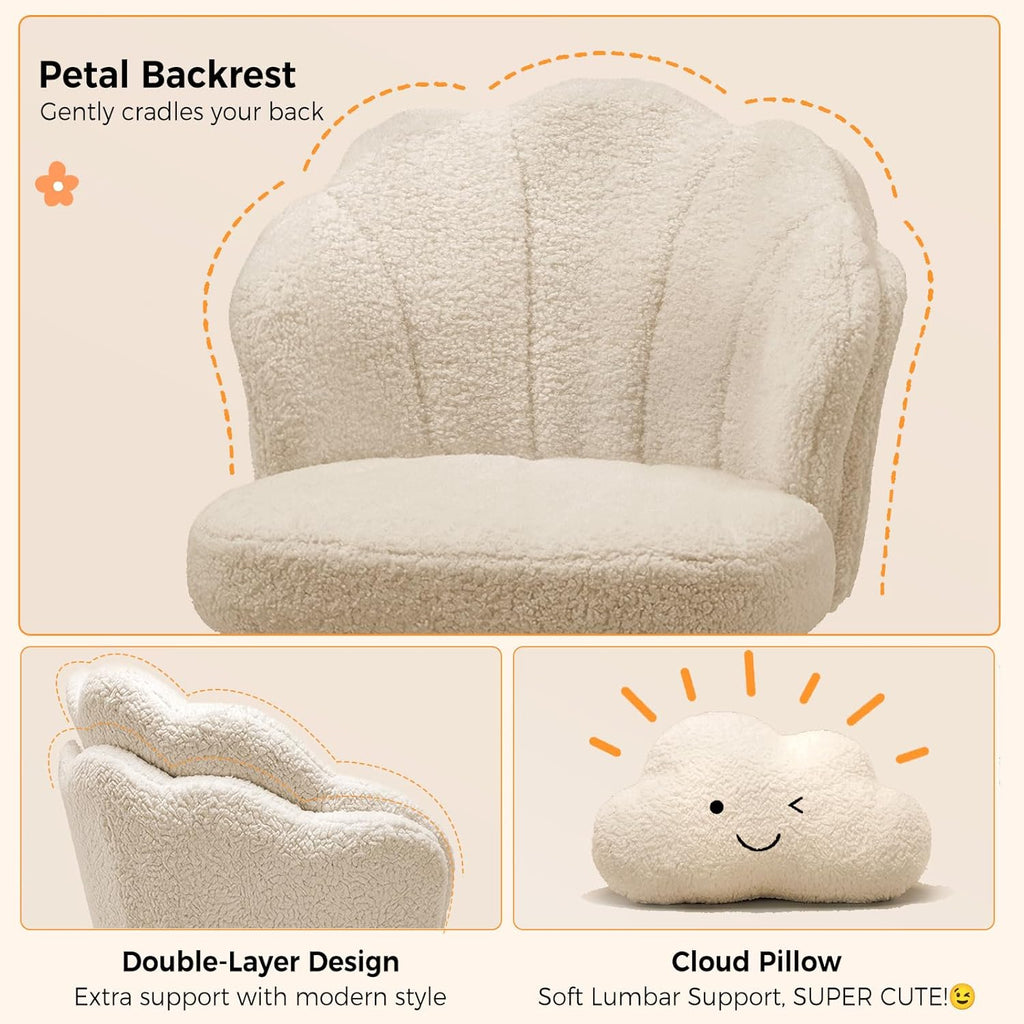 COMHOMA Petal Vanity Chair with Wheels, Cute Desk Chair for Girls Women, Upholstered Home Office Chair with Backrest, Height Adjustable Armless Swivel Chair for Bedroom, Teddy Fleece, Beige