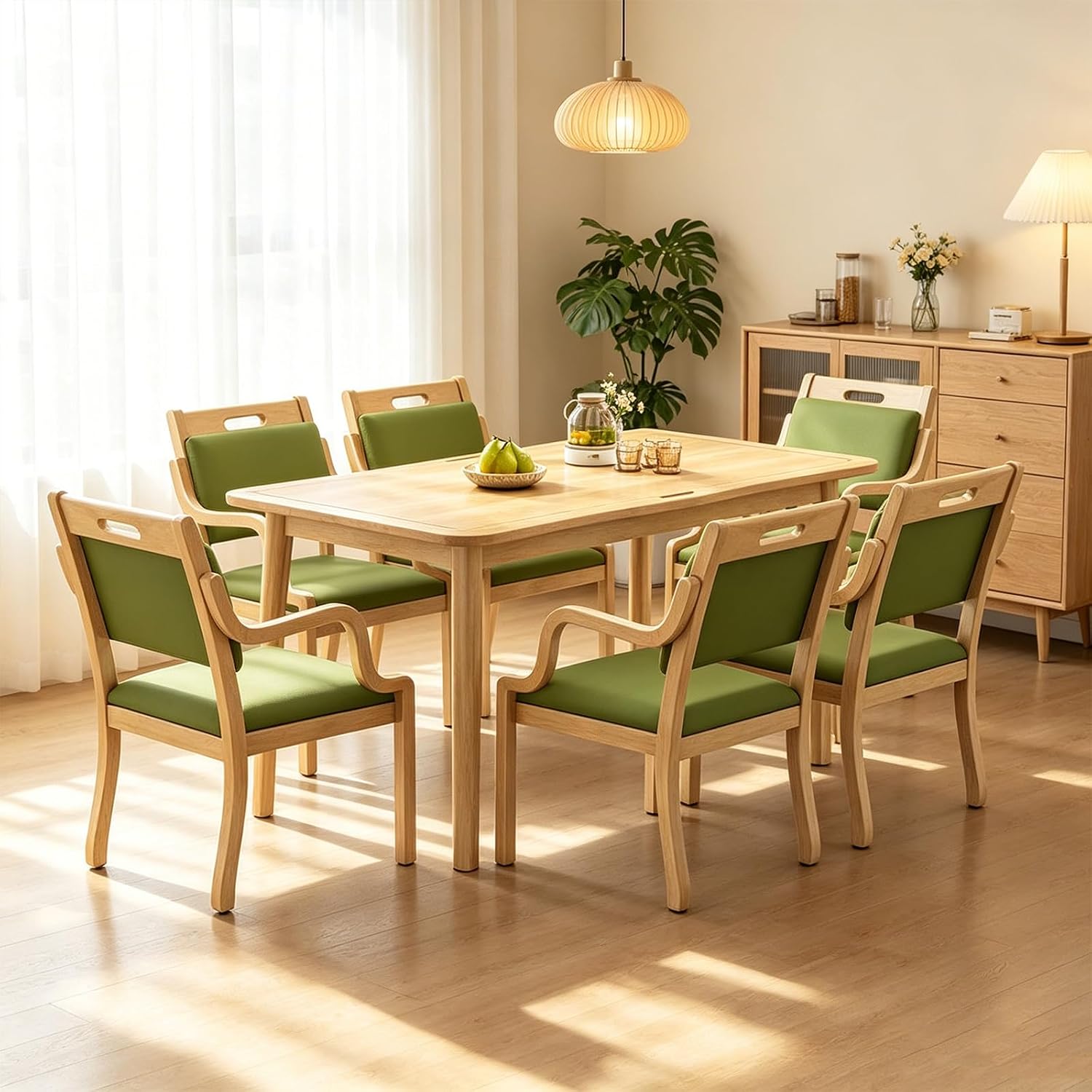 Wood Dining Table Set for 4, Rectangular Kitchen Dinner Table with Drain Groove Armrest,Ergonomic Upholstered Dining Chairs, Seniors Wooden Dining Room Furniture(1 Table + 6 Chairs, Walnut)