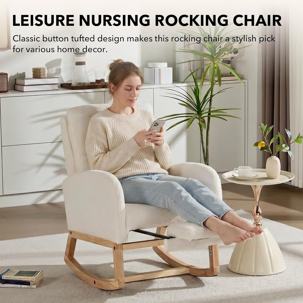 Rocking Chair Nursing with Footrest, Rocker (White Teddy) | teddy upholstery, high-density foam, adjustable footrest, soft cushion, button tufted design, silent non-slip pads