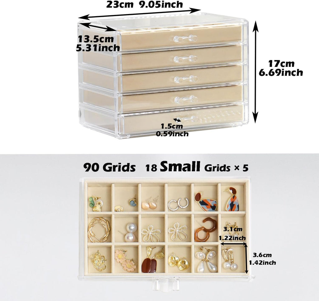 YUFONG Jewelry Organizer with 5 Drawers Clear Acrylic Earring Display Case Velvet Jewelry Storage Box Display Holder for Earring Ring Bracelet Necklace (Beige, 90 Grids)