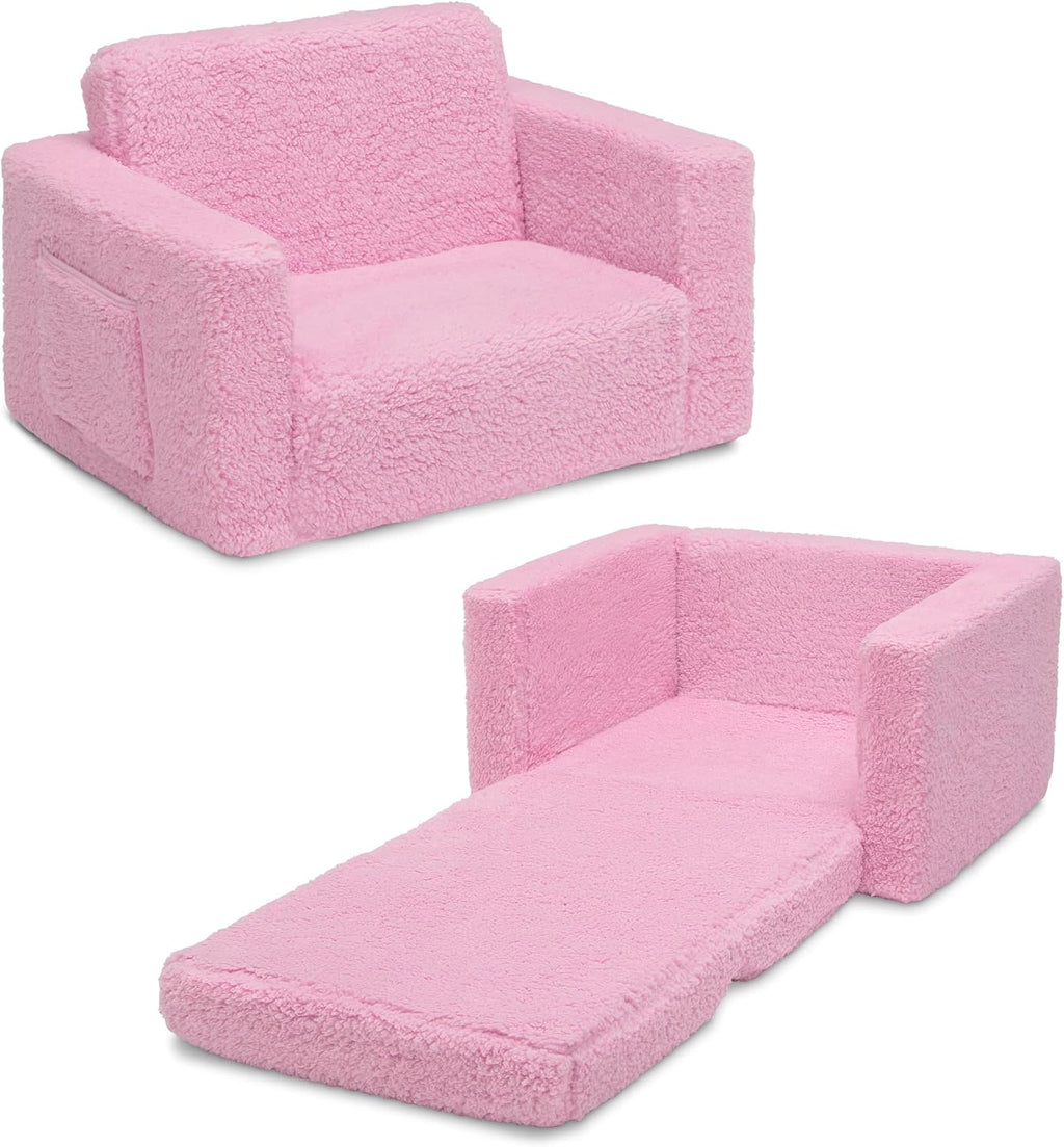 Delta Children Cozee Flip-Out Sherpa 2-in-1 Convertible Chair to Lounger for Kids, Pink