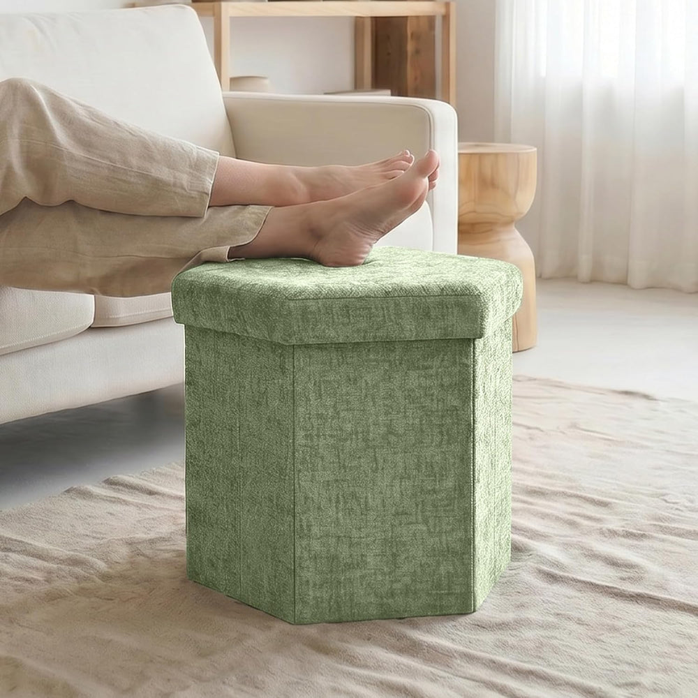 Hexagon Storage Ottoman, Foldable Chenille FootRest with Hidden Storage, Smal...