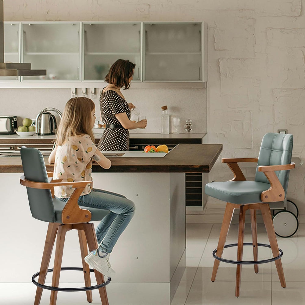 MEKLIBA 30” Bar Height Bar Stools,Leather Upholstered Bar Chair, Swivel Bar S...