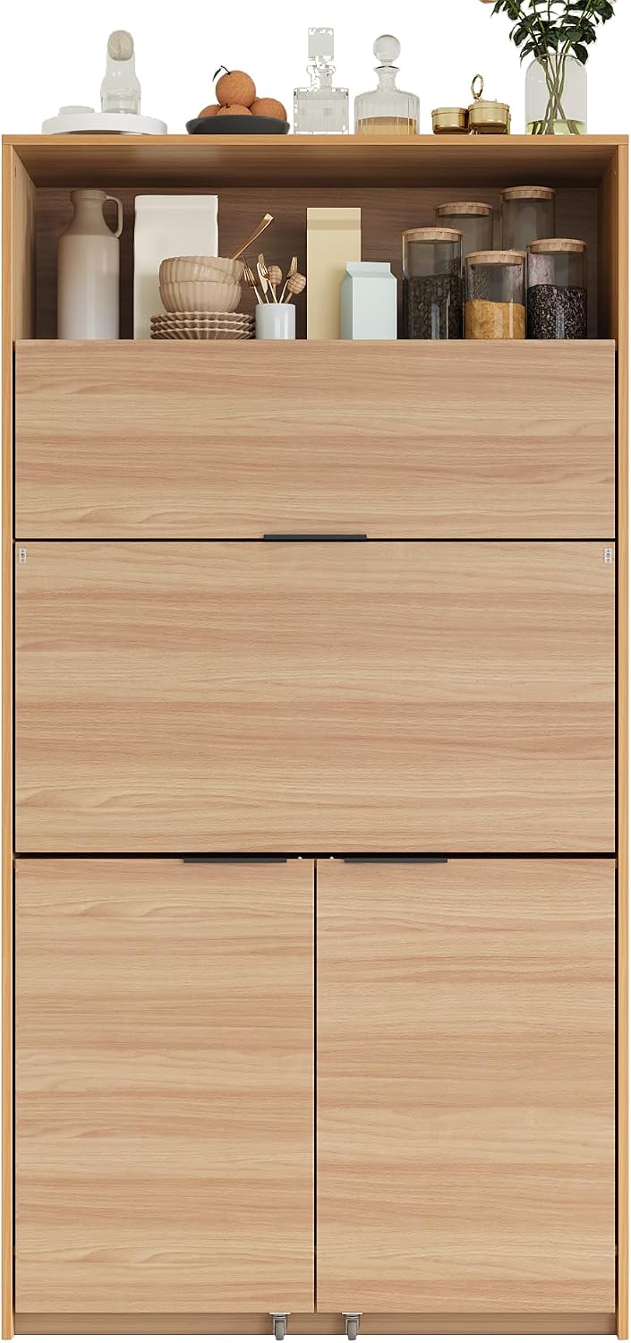 69'' Tall Kitchen Pantry Cabinet with Foldable Workstation, Kitchen F...