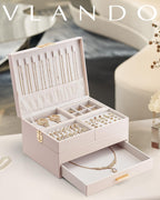 Vlando 3 Layer Jewelry Box - Women Jewelry Box with Retractable Tray - Jewelry Organizers with Drawer for Necklaces, Rings, Bracelets, Earrings, Gift for Couples Mom Girls - Pink