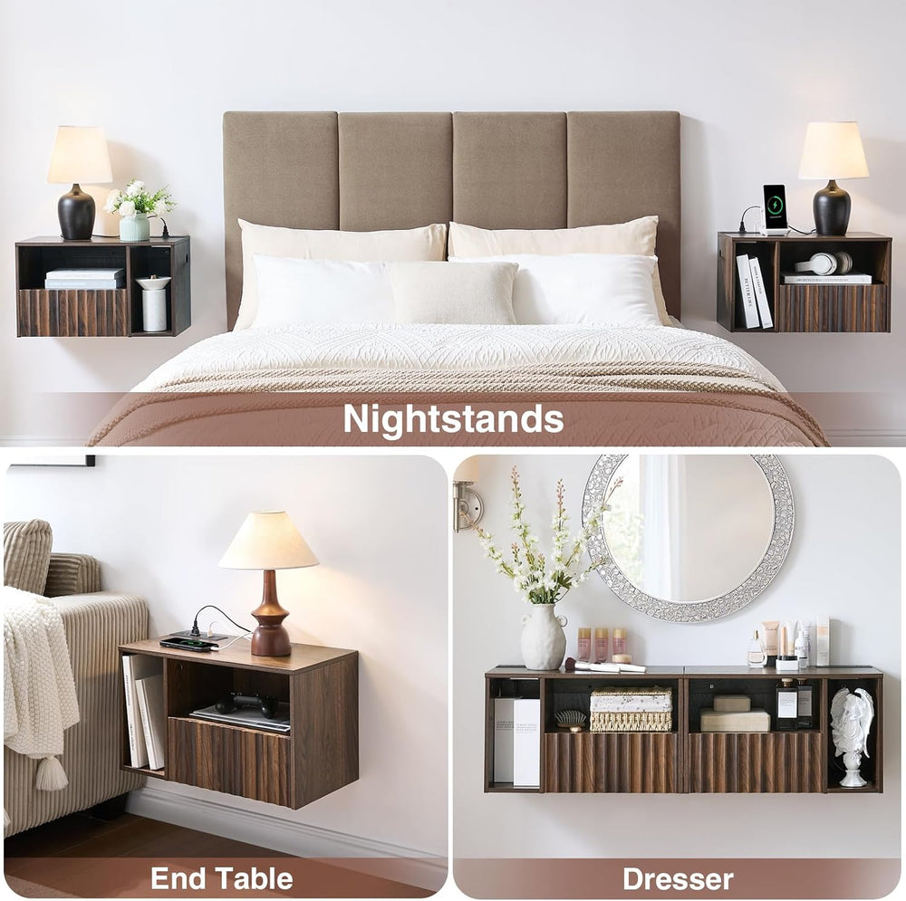 BuildHom Floating Nightstand Set of 2 with Charging Station, Walnut | Wall Mo...