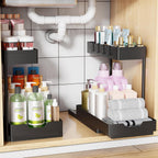 Simple Trending Under Sink Organizer 2 Pack, L-Shaped Sink Pull-Out Sliding Storage Cabinet, 2-Tier Under Shelf Organizer for Kitchen Bathroom with Hooks, Black