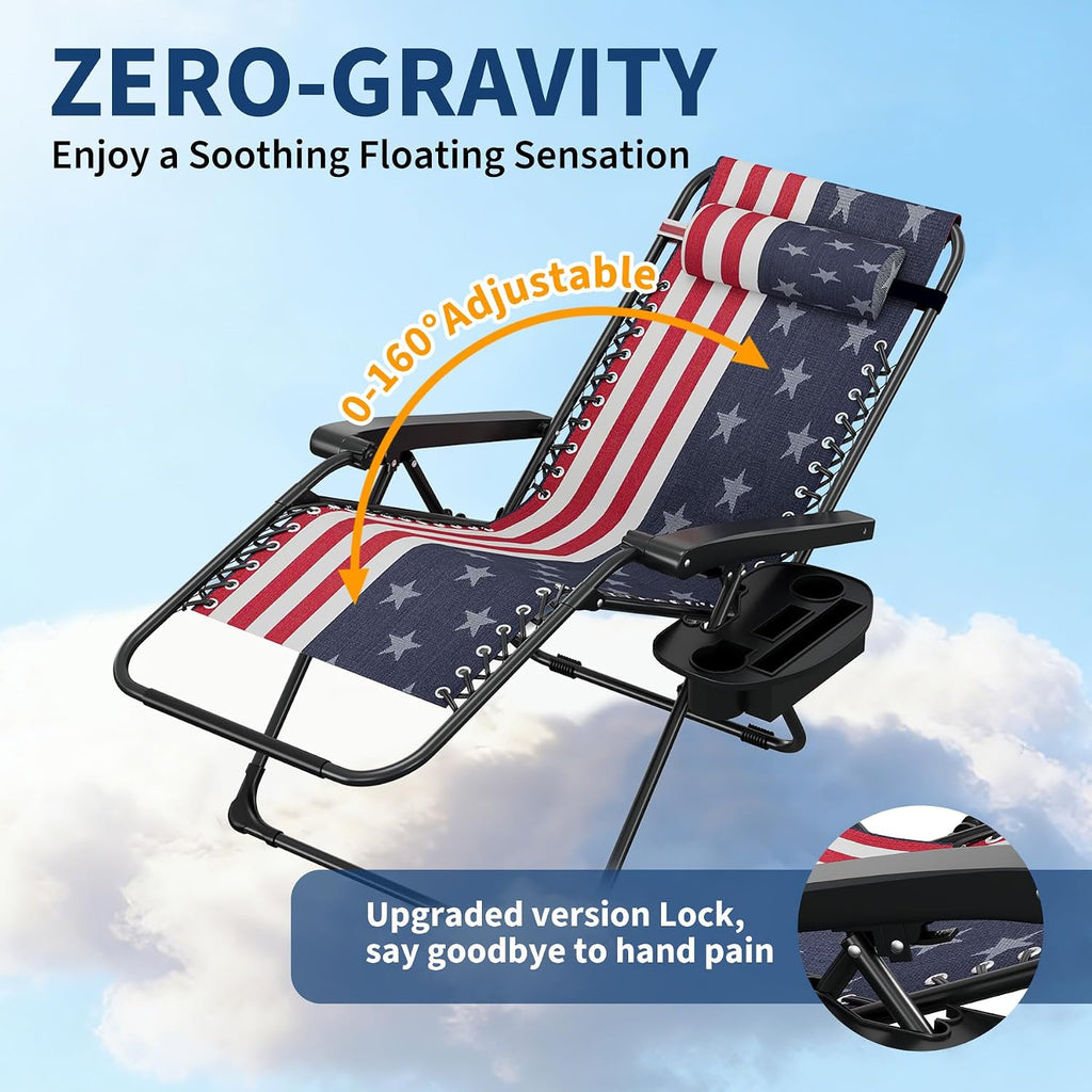 Garvee Zero Gravity Chair Set of 2, Patio Lounge Chair Outdoor with Pillow & Cup Holder Tray, Adjustable Reclining Chair, Folding Portable Camping Chair for Deck, Beach, Yard, Garden | W/ Pillow, Cup Holder Tray & Upgraded Lock, Folding Portable Camping