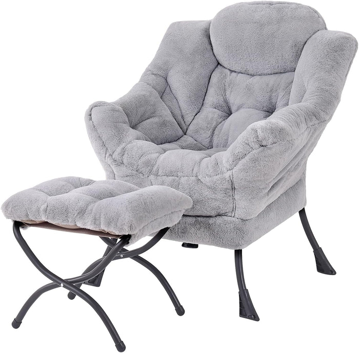 Welnow Lazy Chair with Ottoman, Reading Chair with Footrest, Grey
