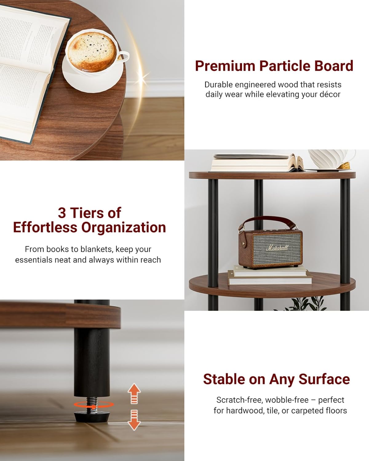 XBurmo Round Coffee Table for Living Room - Narrow Side or Bedside Stand, Industrial Vintage Nightstand for Bedroom, or Small Spaces, Rustic Walnut