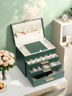 BOOVO Jewelry Boxes for Women, 5 Layer Jewelry Organizer with Necklace Hanger and Drawers, Large Jewelry Box for Earrings, Necklace and Bracelet Storage Gifts for Women and Girls (Green, 5 Layer)