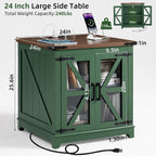 Joaxswe Farmhouse End Table with Charging Station Set 2, 24" Large Sofa Side Table with Glass Barn Door, Nightstand with Adjustable Storage Shelf, Wood Square Bedside Table for Living Room, Bedroom