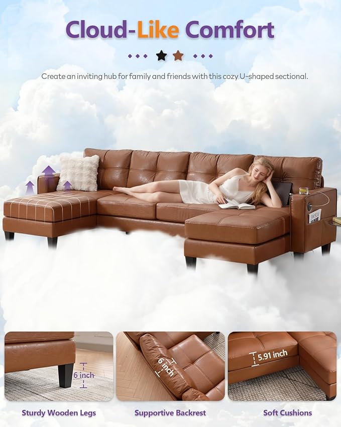 TYBOATLE 116’’ W Brown Faux Leather Sectional Couch w/USB and Cup Holders for Living Room, Comfy Tufted U Shaped Sofa w/Chaise Lounge, Office Leather Sofa for Bedroom