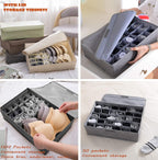 AARAINBOW 2 Packs Underwear Socks Storage Organizer with Lids Foldable Closet Drawer Organizer 46 Cells, Drawer Organizer Bins for Ties Scarves Lingerie Bra Fabric Dividers (30+16 Cell, 2 Gray)