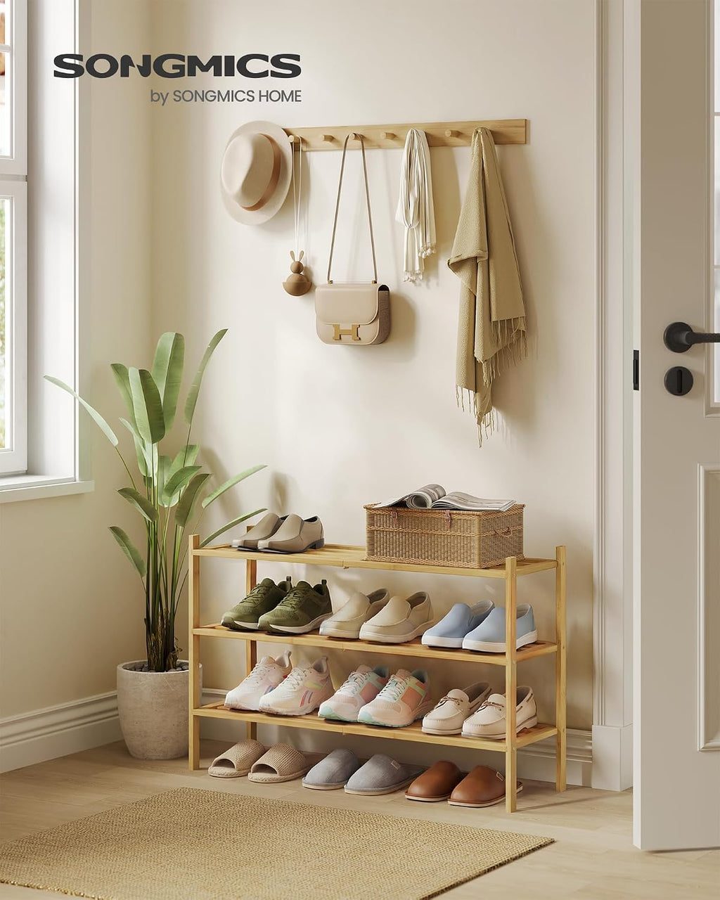 SONGMICS Bamboo Shoe Rack for Closet, Stackable Shoe Oragnizer with Modular Structure, Space-Saving Free Standing Shelf for Entryway Bedroom, 3-Tier, Holds 12-16 Pairs, Natural Color ULBS053YL01