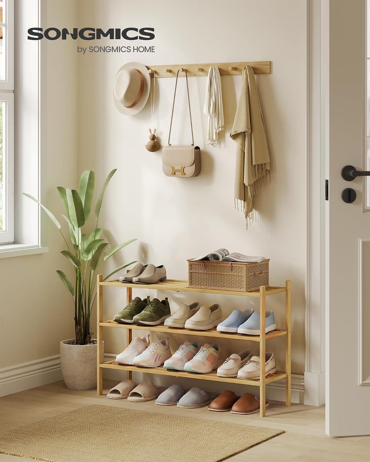 SONGMICS Bamboo Shoe Rack for Closet, Stackable Shoe Oragnizer with Modular Structure, Space-Saving Free Standing Shelf for Entryway Bedroom, 3-Tier, Holds 12-16 Pairs, Natural Color ULBS053YL01