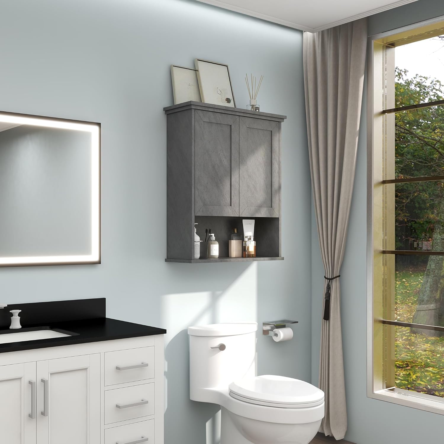 Bathroom Wall Cabinet Over Toilet Storage Cabinets 25x30 in Above Toilet Wood Medicine Cabinets for Bathroom Wall Mounted Cabinet with 2 Door & Adjustable Shelf Texture Grey
