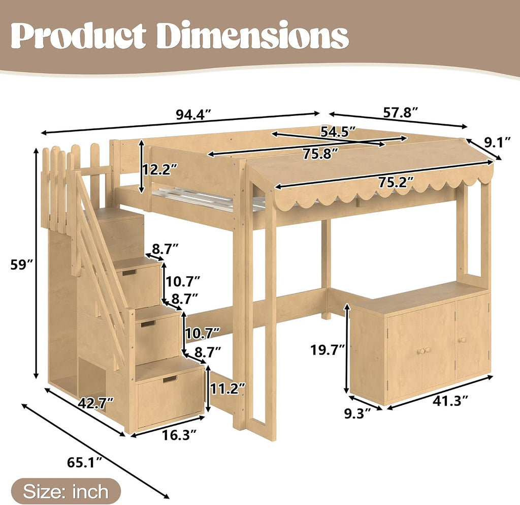 Full Over Full Loft Bed with Storage Stairs and Pretend Store Counter (Full)