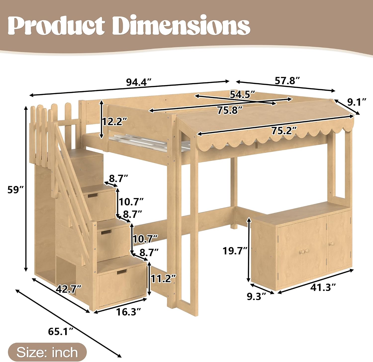 Full Over Full Loft Bed with Storage Stairs and Pretend Store Counter (Full)