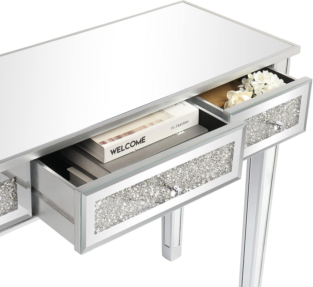 VINGLI Silver Mirrored Vanity Desk, Makeup Vanity Desk, Glass Desk with 3 Dra...