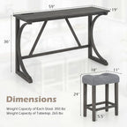 COSTWAY 4-Piece Farmhouse Bar Table Set with Power Outlet | Counter Height Dining Table Set w/ 3 Upholstered Stools, Wood Console Table Set for Kitchen, Dining Room, Living Room, Gray