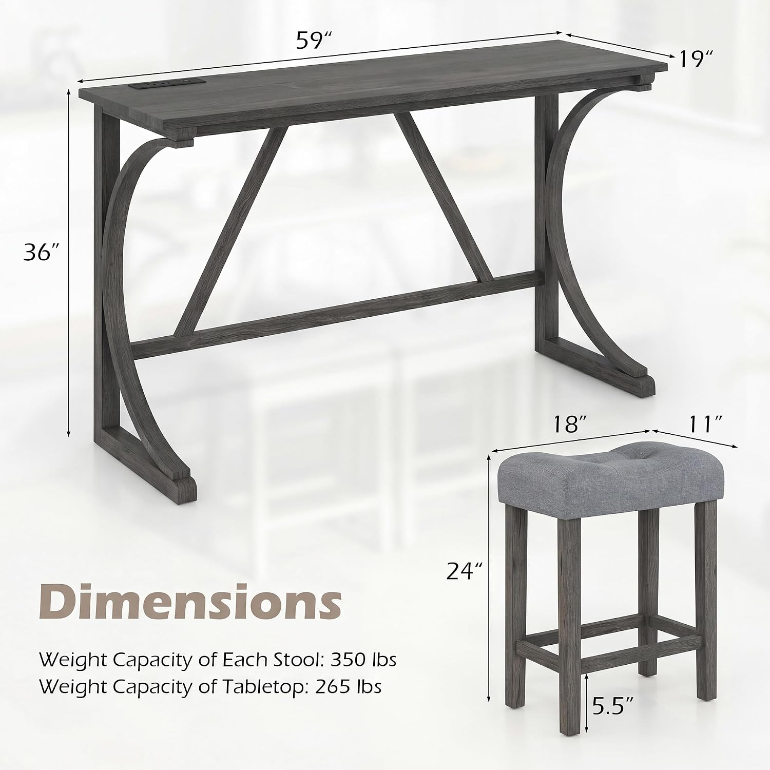 COSTWAY 4-Piece Farmhouse Bar Table Set with Power Outlet | Counter Height Dining Table Set w/ 3 Upholstered Stools, Wood Console Table Set for Kitchen, Dining Room, Living Room, Gray